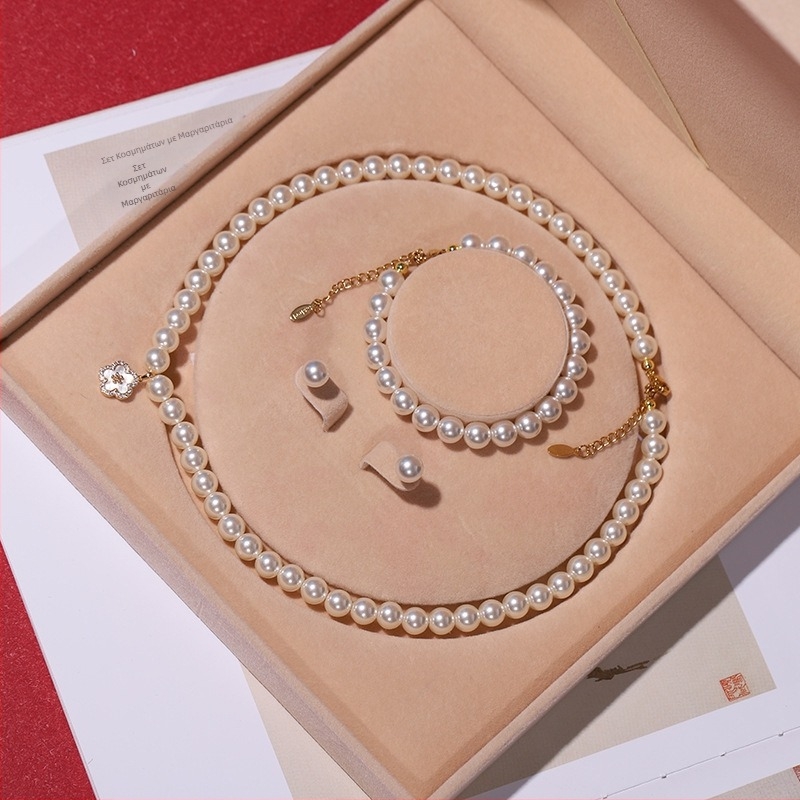 Χονδρικό Φυσικό Κολιέ με Μαργαριτάρια Βαθιάς Θάλασσας, Γυναικείο Σετ Τριών Κοσμημάτων, Δώρο για την Ημέρα της Μητέρας, Ζωντανό Δώρο