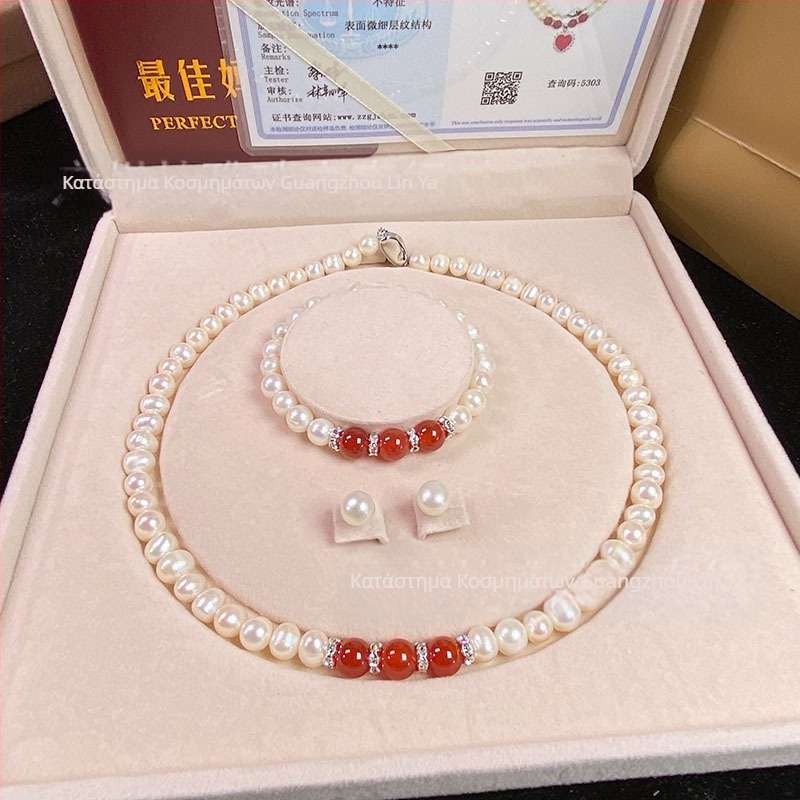 Χονδρικό Φυσικό Κολιέ με Μαργαριτάρια Βαθιάς Θάλασσας, Γυναικείο Σετ Τριών Κοσμημάτων, Δώρο για την Ημέρα της Μητέρας, Ζωντανό Δώρο