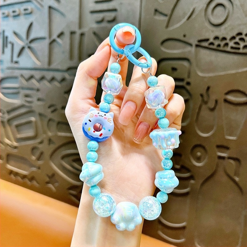 Εξαιρετικό γκράφιτι ζωγραφισμένο στο χέρι με χάντρες με νύχι γάτας και ντόνατ μπρελόκ χαριτωμένο μνημείο κρεμαστή τσάντα αλυσίδας διακοσμητικό κρεμαστό κόσμημα