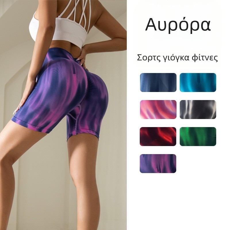Σορτς γυμναστικής Tie-dye Peach Butt για γυναίκες, παντελόνι γιόγκα Aurora Bright Color για εξωτερική χρήση, παντελόνι τριών σημείων για άρση γλουτών με υψηλή μέση