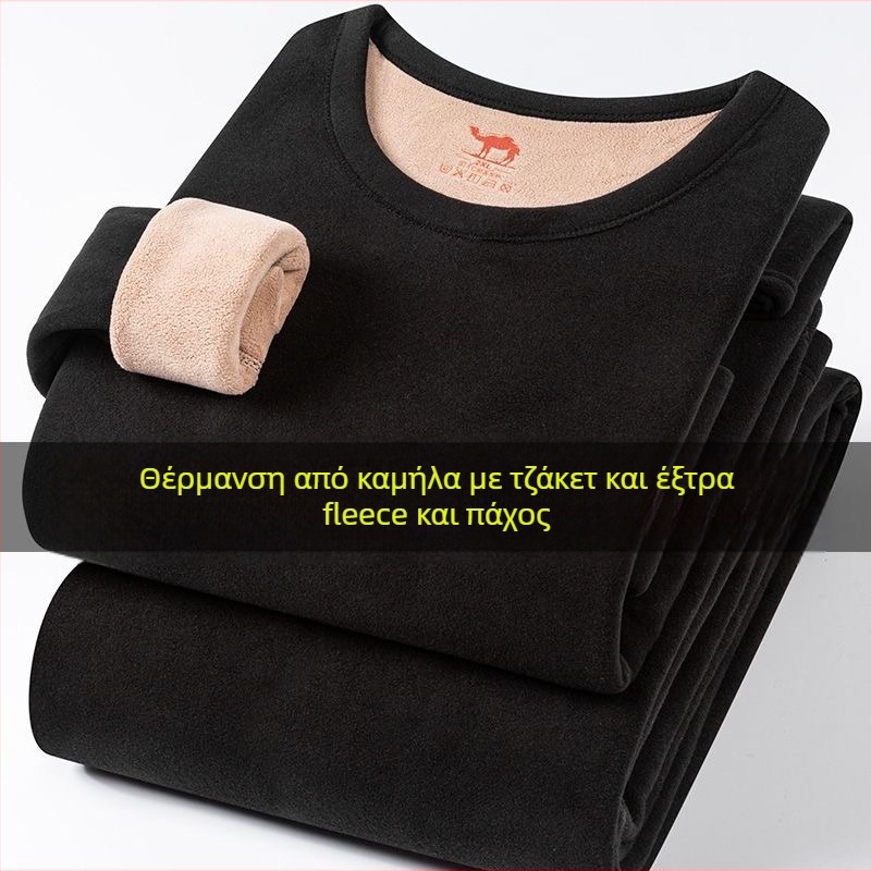 [Χοντρό μάλλινο] χειμωνιάτικο καμηλό θερμικό εσώρουχο, ανδρικό και γυναικείο κοστούμι, με φλις επένδυση και χοντρό μισό ζιβάγκο