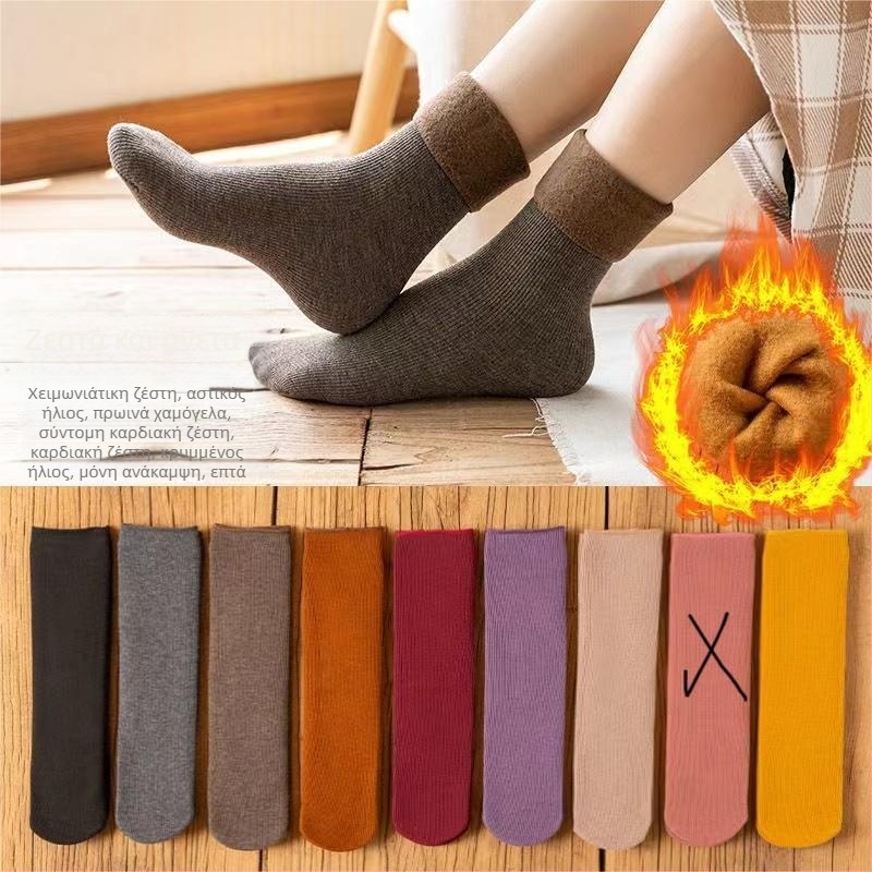 Γυναικείες κάλτσες χιονιού με επένδυση από φλις, χοντρές μάλλινες κάλτσες μέχρι τη μέση της γάμπας, ζεστές, μονόχρωμες κάλτσες δαπέδου Terry, φθινοπωρινές και χειμωνιάτικες, για ύπνο