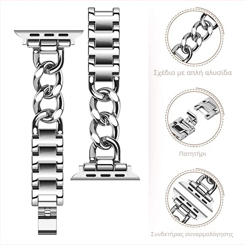 Κατάλληλο για Apple Watch Μικρό Chanel σε στυλ ανοξείδωτου ατσαλιού με λουράκι Apple, μεταλλικό λουράκι Apple, αλυσίδα Denim