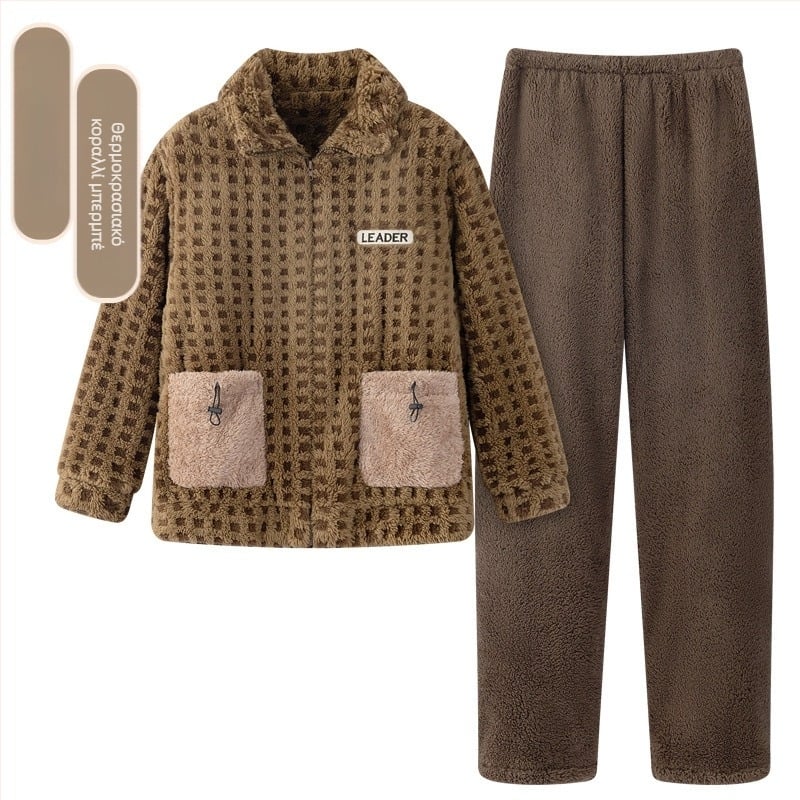 Πιτζάμες Φθινοπώρου και Χειμώνα 2024 Ανδρικά Ρούχα Σπιτιού Κοραλί Φλις με επένδυση φλις Πυκνό Ανδρικό κοστούμι Ζεστό και Άνετο Φανελένιο