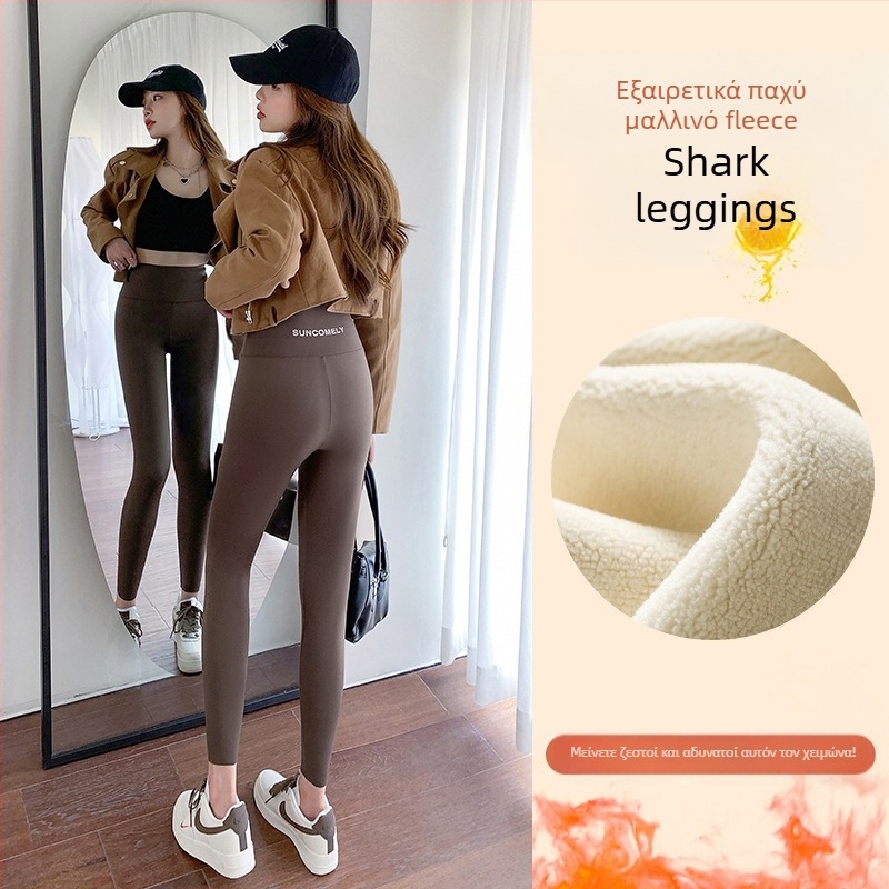 Κολάν από δέρμα καρχαρία από βελούδο αρνιού για γυναίκες, για να φορούν ως πανωφόρι τον χειμώνα, με φλις επένδυση και πυκνωτικό, ελαστικό παντελόνι γιόγκα Barbie με αδυνατιστική εμφάνιση, που δεν φουσκώνει.