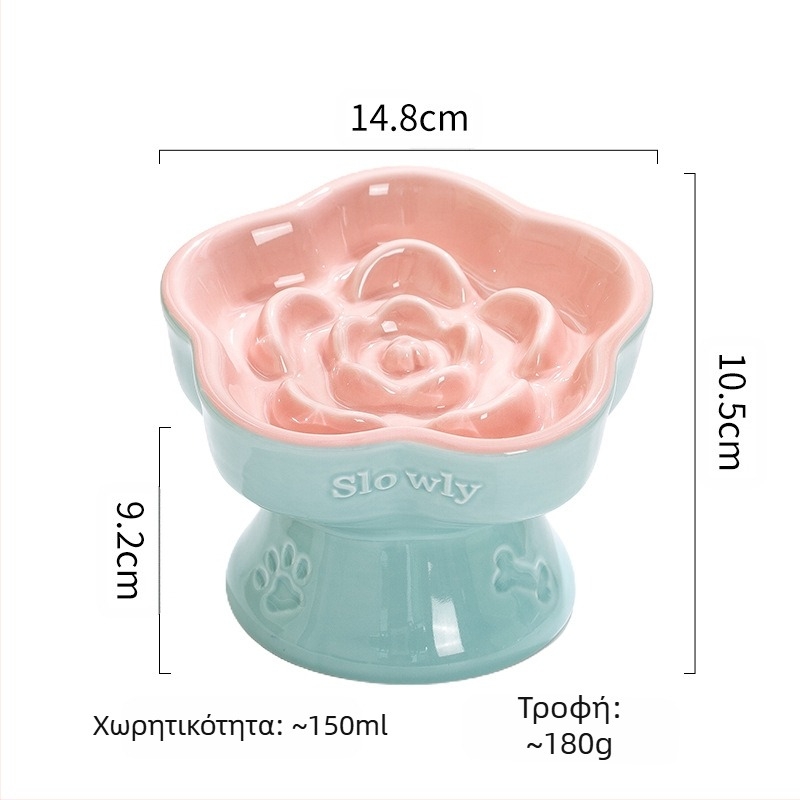 Μπολ αργής τροφής για κατοικίδια, κεραμικό μπολ για γάτες με ψηλό πόδι, μπολ για σκύλους, μικρόσωμο μπολ για γάτες με αντικραδασμική προστασία στον αυχένα, αντιπνιγτικό μπολ αργής τροφής με προστασία από χτυπήματα και κεκλιμένο λαιμό