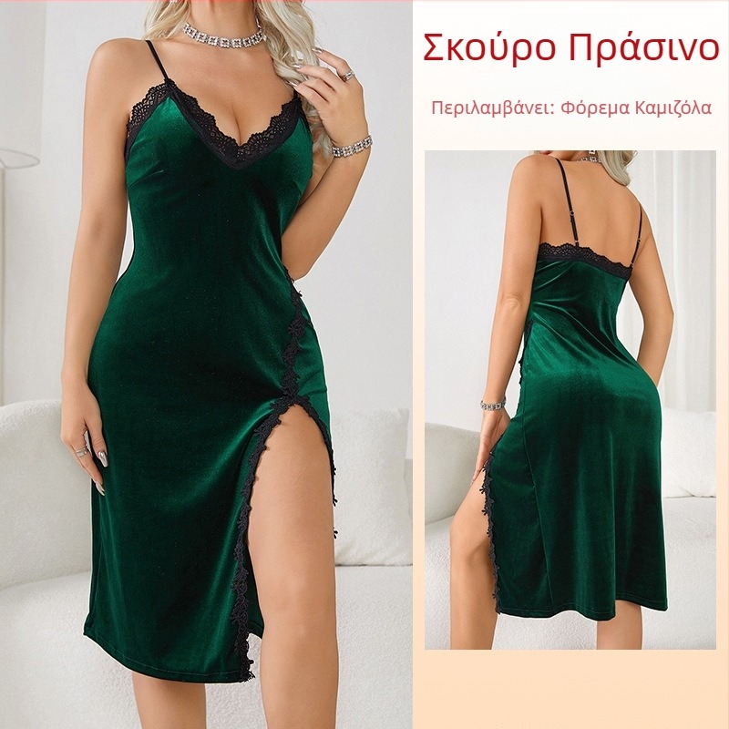 Ευρωπαϊκό και Αμερικανικό Διασυνοριακό Εξωτερικό Εμπόριο Σέξι Πιτζάμες Deep V Γυναικεία Μακρύ Νυχτικό Βελούδινο Δαντέλα Temptation Χωρίς Πλάτη Αρχική 341