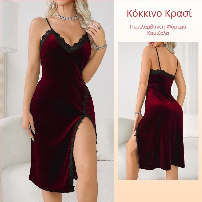 Ευρωπαϊκό και Αμερικανικό Διασυνοριακό Εξωτερικό Εμπόριο Σέξι Πιτζάμες Deep V Γυναικεία Μακρύ Νυχτικό Βελούδινο Δαντέλα Temptation Χωρίς Πλάτη Αρχική 341