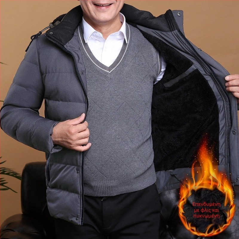 Ρούχα για μεσήλικες και ηλικιωμένους πατέρες, ανδρικά χειμωνιάτικα ρούχα, με επένδυση από φλις, χοντρό, ζεστό, άνετο, βαμβακερό μπουφάν, ανδρικά ρούχα για πατέρες