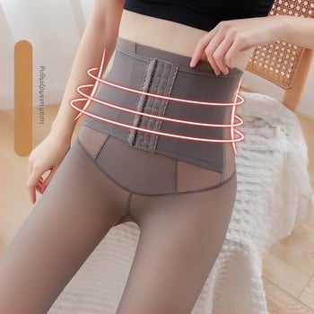 Γυναικείο κολάν με ψηλή μέση και τελείωμα στην κοιλιά, για άρση γοφών, με επένδυση από χοντρό φλις, γκρι, διαφανές, τρίστομο παντελόνι.