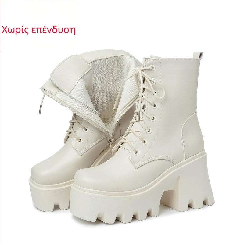 Γυναικεία παπούτσια με χοντρή σόλα, εξαιρετικά ψηλό τακούνι και βαμβακερή επένδυση, μπότες Martin που αυξάνουν το ύψος, γυναικεία μπότες από γνήσιο δέρμα με τελείωμα και βαμβακερή επένδυση, μπότες με σωλήνα τσιγάρου, μονόστρωμα