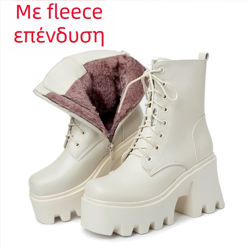 Γυναικεία παπούτσια με χοντρή σόλα, εξαιρετικά ψηλό τακούνι και βαμβακερή επένδυση, μπότες Martin που αυξάνουν το ύψος, γυναικεία μπότες από γνήσιο δέρμα με τελείωμα και βαμβακερή επένδυση, μπότες με σωλήνα τσιγάρου, μονόστρωμα