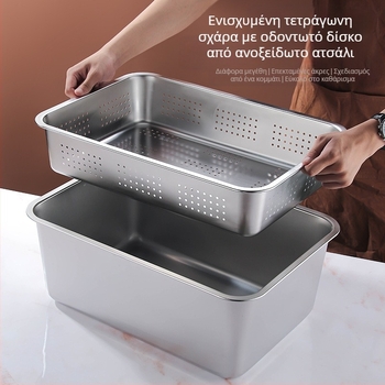 Τετράγωνος δίσκος από ανοξείδωτο ατσάλι με επίπεδο πάτο, επαγγελματικός ορθογώνιος δίσκος εμβάθυνσης, τετράγωνη λεκάνη αποστράγγισης, λεκάνη τηγανητών λαχανικών