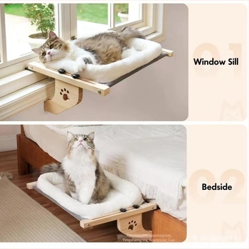 Ξύλινο πλαίσιο αναρρίχησης για γάτες, ενσωματωμένη φωλιά γάτας, μπαλκόνι, γάτα που λιάζεται στον ήλιο, σπίτι, Four Seasons, κρεμαστό κρεβάτι γάτας δίπλα στο κρεβάτι