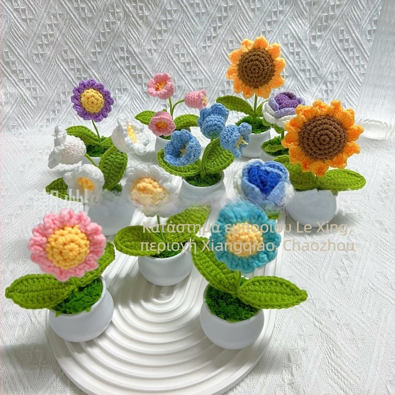 Μαλλί πλεκτό μίνι γλάστρα διακόσμηση τεχνητών λουλουδιών εργοστάσιο χειροποίητο μαλλί λουλούδι διακόσμηση αυτοκινήτου τελικό προϊόν χονδρικής