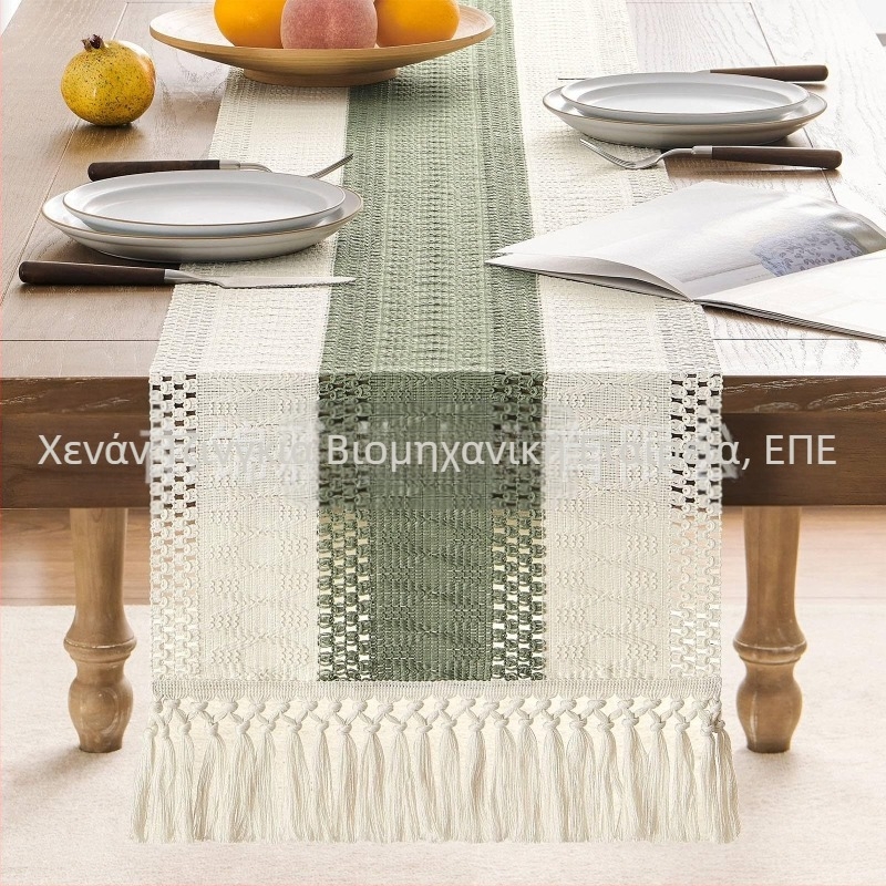 Σημαία τραπεζιού Amazon από βαμβάκι και λινό ρίγες ραφής δίχρωμη υφασμένη φούντα τίποτα ποιμενικό εξοχικό τραπεζομάντιλο κατασκευαστές προμήθειας