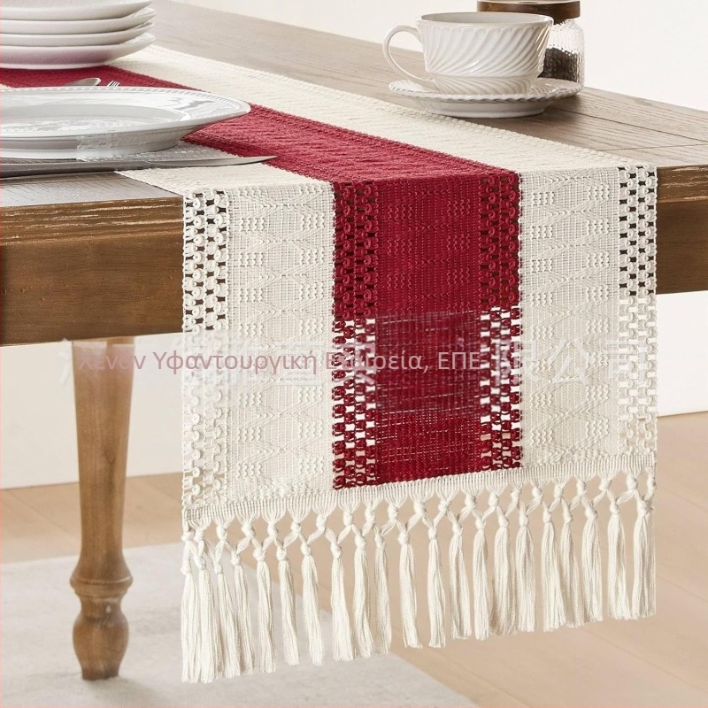 Σημαία τραπεζιού Amazon από βαμβάκι και λινό ρίγες ραφής δίχρωμη υφασμένη φούντα τίποτα ποιμενικό εξοχικό τραπεζομάντιλο κατασκευαστές προμήθειας