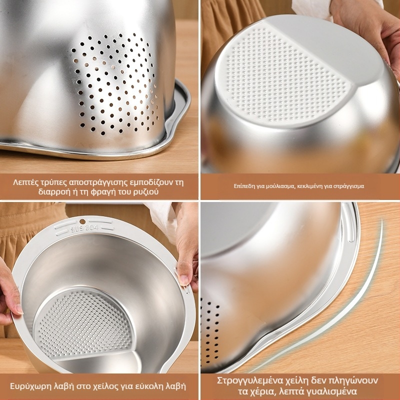 Λεκάνη πλύσης ρυζιού κουζίνας από ανοξείδωτο ατσάλι 304, κατάλληλη για τρόφιμα, λεκάνη αποστράγγισης φρούτων, λεκάνη πλύσης λαχανικών, λεκάνη πολλαπλών χρήσεων με τρυπημένο κόσκινο ρυζιού και κεκλιμένο πάτο