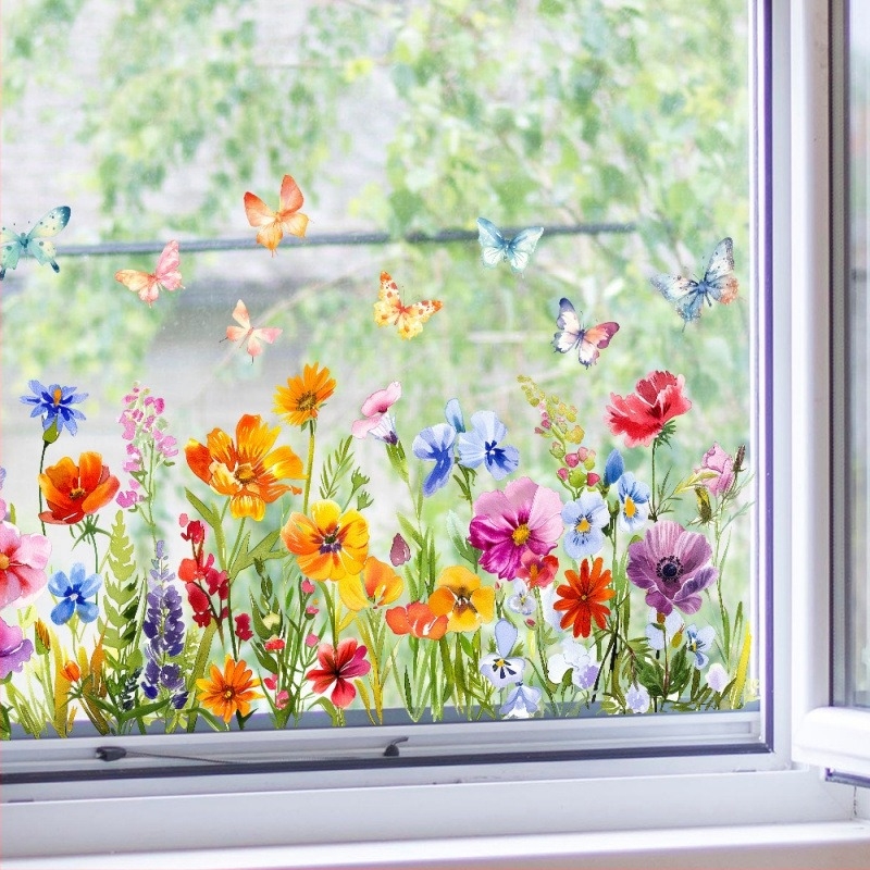 Ακουαρέλα λουλούδια πεταλούδα σπίτι γυάλινο παράθυρο φόντο τοίχου διακοσμητικά αυτοκόλλητα τοίχου αυτοκόλλητα χονδρικής εξωτερικού εμπορίου
