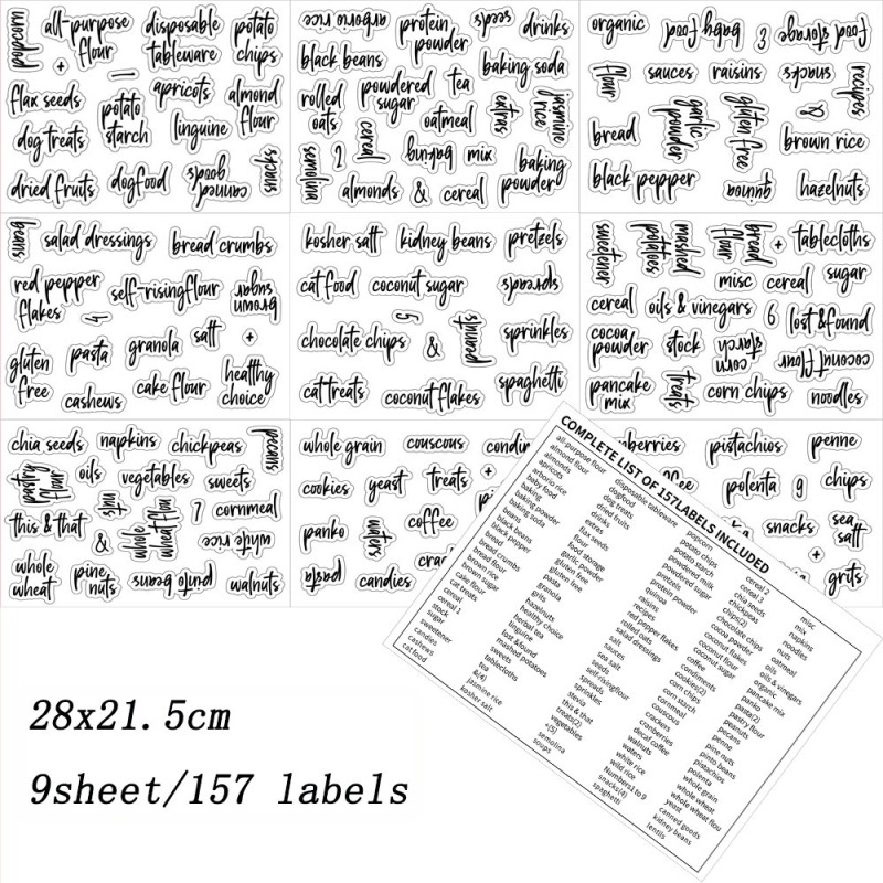 Διασυνοριακά 157 δοχεία τροφίμων κουζίνας διαφανή αυτοκόλλητα αδιάβροχα και ανθεκτικά στο λάδι διάφορα δημητριακά ψωμί πλαστικό κουτί αποθήκευσης ετικέτα ταξινόμησης