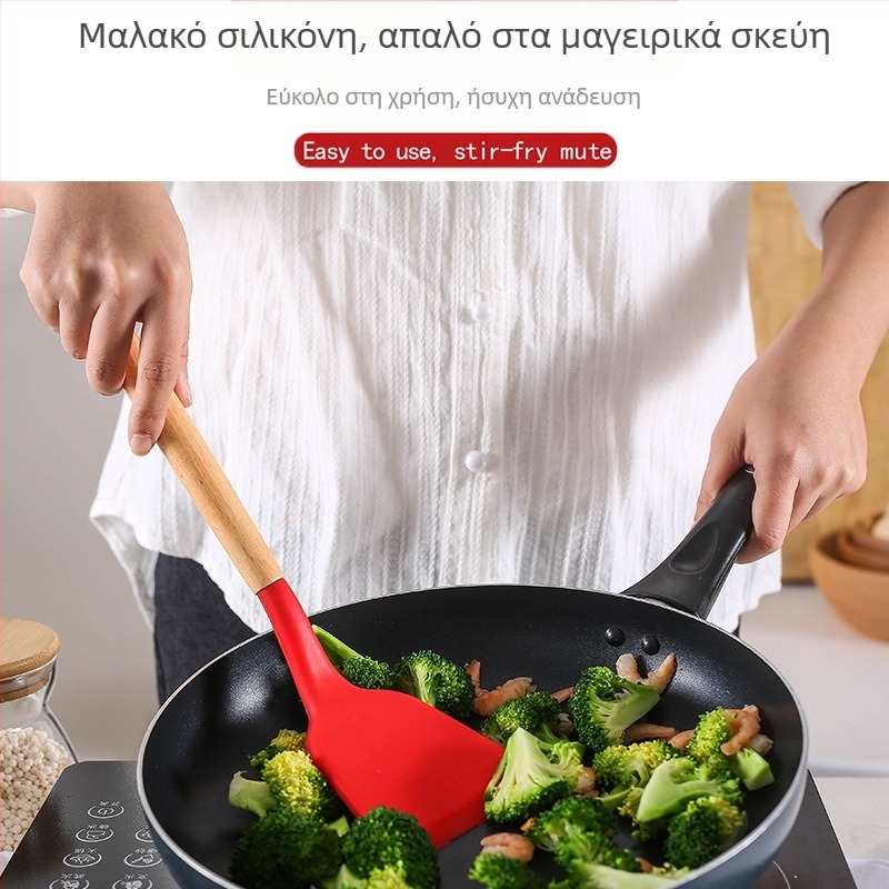 Ξύλινη λαβή σιλικόνης μαγειρικά σκεύη 12 τεμαχίων σετ αντικολλητικών τηγανιών φτυαριών σετ φτυαριών κουταλιού σούπας φράχτης ψαρέματος είδη κουζίνας με κουβά αποθήκευσης