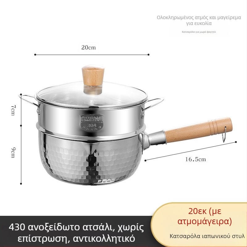 304 Ανοξείδωτο Χαλύβδινο Τηγάνι Χιονιού Χωρίς Επικάλυψη Γαλατιέρα Συμπλήρωμα Διατροφής Τηγάνι με Πυκνωμένο Instant Noodle Δοχείο Γαλατιέρας με Ξύλινη Λαβή για Σούπα