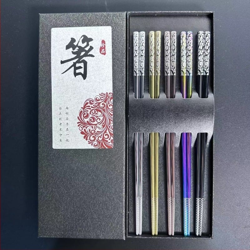 Τσοπ στικς από ανοξείδωτο ατσάλι 304, αντιολισθητικά, οικιακά επιτραπέζια σκεύη με λέιζερ, συσκευασία δύο ζευγών, πέντε ζευγών δωρικών τσοπ στικς