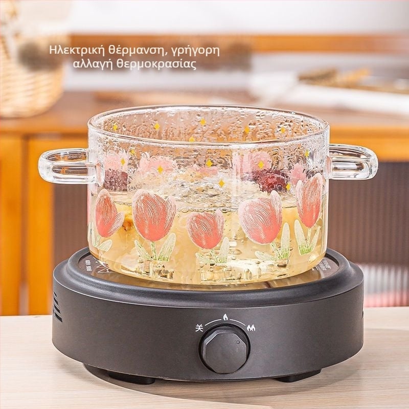 Γυάλινη κατσαρόλα σε σχήμα τουλίπας από υψηλό βοριοπυριτικό άλας, διαφανής ηλεκτρική κεραμική εστία, μπολ για νουντλς, επαγωγική εστία, ανθεκτική σε υψηλές θερμοκρασίες, με καπάκι και διπλές λαβές