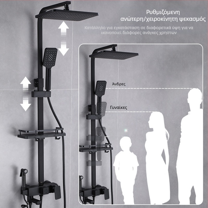 Μαύρο θερμοστατικό κοστούμι ντους, όλα από χάλκινο, βαλβίδα ανάμειξης ζεστού και κρύου, ενίσχυση ντους μπάνιου, διασυνοριακή χονδρική