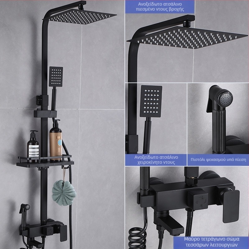 Μαύρο θερμοστατικό κοστούμι ντους, όλα από χάλκινο, βαλβίδα ανάμειξης ζεστού και κρύου, ενίσχυση ντους μπάνιου, διασυνοριακή χονδρική