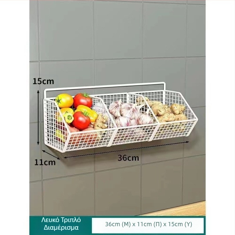 Καλάθι αποθήκευσης με κρεμμυδάκια, τζίντζερ και σκόρδο, καλάθι αποθήκευσης με σκόρδο κουζίνας, κρεμαστό στον τοίχο, ράφι αποθήκευσης με τζίντζερ και σκόρδο, κρεμαστό στον τοίχο, κουτί τροφίμων, χειροποίητο αντικείμενο