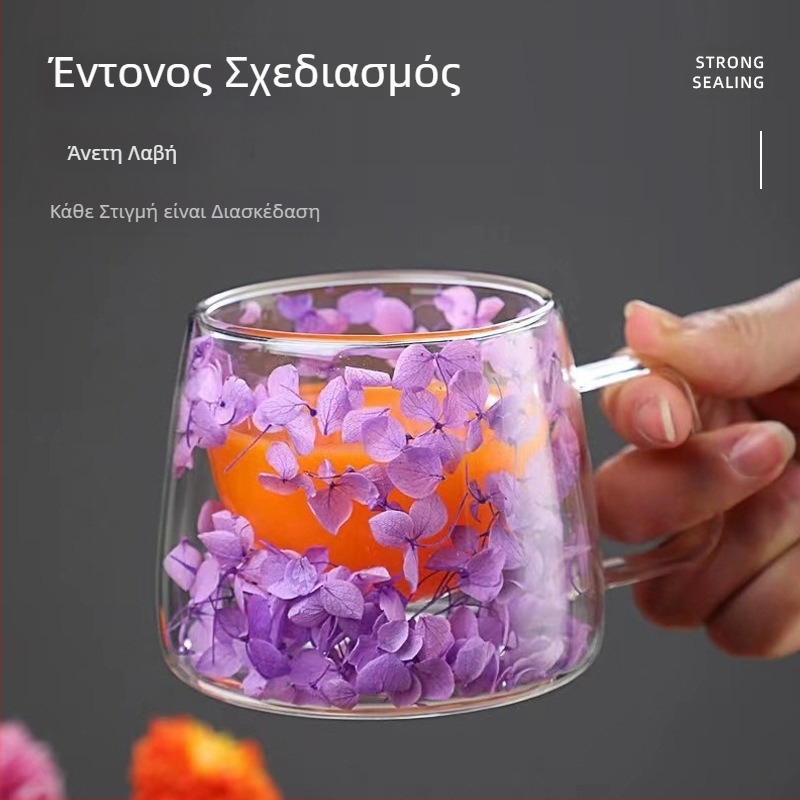 Διπλό ποτήρι από αληθινά λουλούδια με λαβή, βοριοπυριτικό γυαλί, απλό ποτήρι, ενσωματωμένο αποξηραμένο γυαλί λουλουδιών