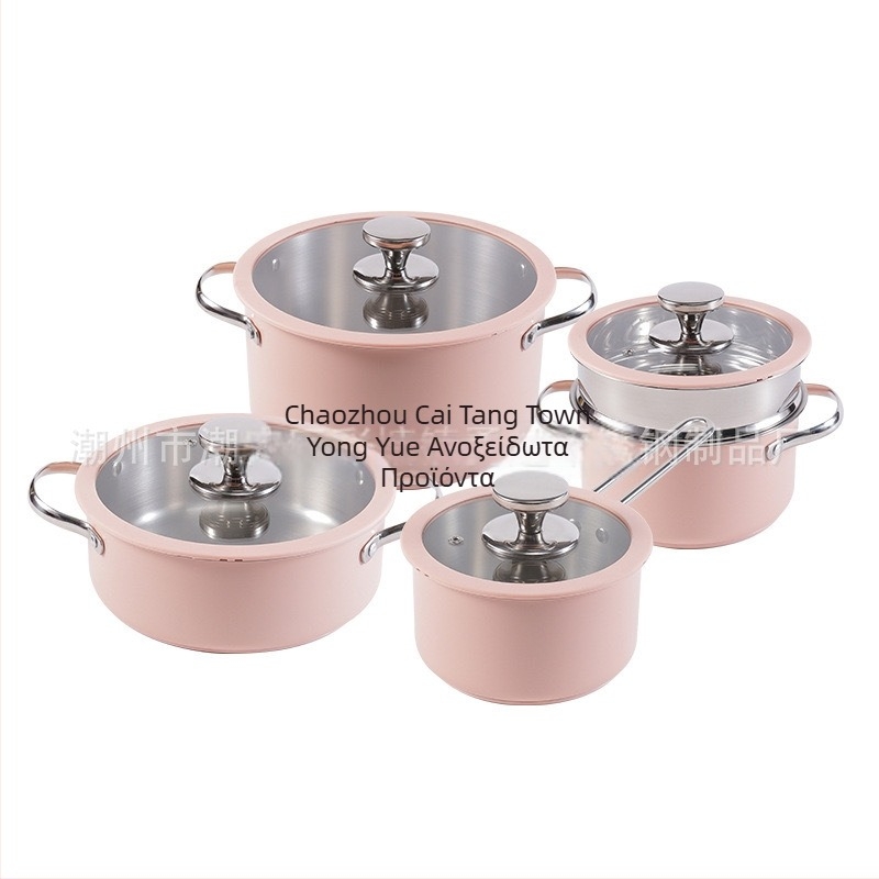304 Σετ δοχείων από ανοξείδωτο ατσάλι με κεραμικό χρώμα σιλικόνης, γυάλινο καπάκι, κατσαρόλα σούπας, σύνθετο κάτω, κατσαρόλα γάλακτος, ατμομάγειρας, κορεάτικη κατσαρόλα θαλασσινών, ζεστό δοχείο