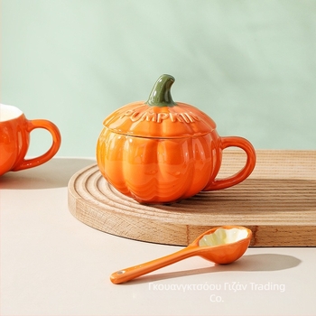 Δημιουργική Κεραμική Κούπα Κολοκύθας, Κούπα Πρωινού με Βρώμη και Γάλα, Κούπα με Καπάκι και Κουτάλι, Χριστουγεννιάτικη Κούπα με Διαγώνια Σύνορα