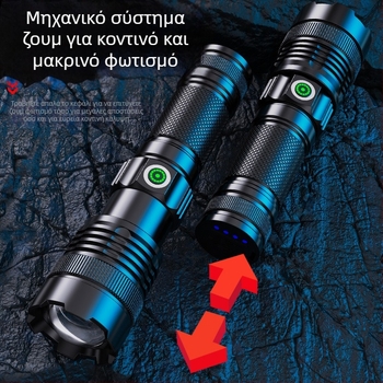 Διασυνοριακός λευκός φακός με τσιπ λέιζερ, τηλεσκοπικός φακός από κράμα αλουμινίου, ισχυρή οθόνη LED, USB, άμεση φόρτιση, εξωτερική τράπεζα τροφοδοσίας
