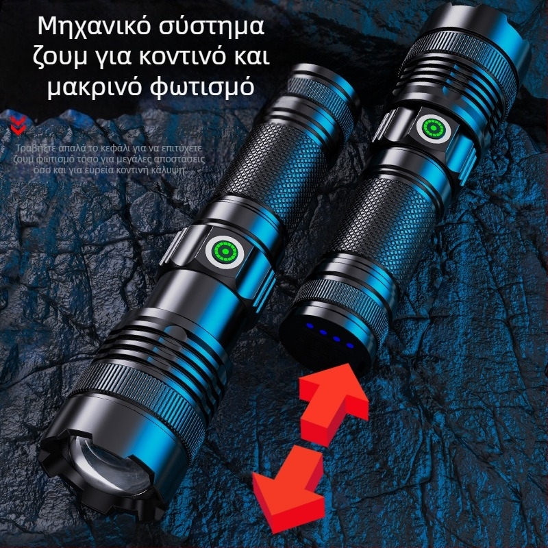 Διασυνοριακός λευκός φακός με τσιπ λέιζερ, τηλεσκοπικός φακός από κράμα αλουμινίου, ισχυρή οθόνη LED, USB, άμεση φόρτιση, εξωτερική τράπεζα τροφοδοσίας