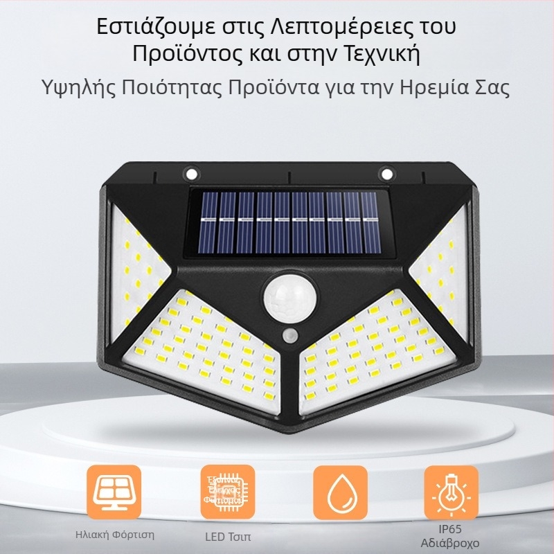Διασυνοριακή ηλιακή εξωτερική λάμπα τοίχου αυλής 100LED τετράπλευρη λάμπα επαγωγής ανθρώπινου σώματος που εκπέμπει φως για τον κήπο στο σπίτι