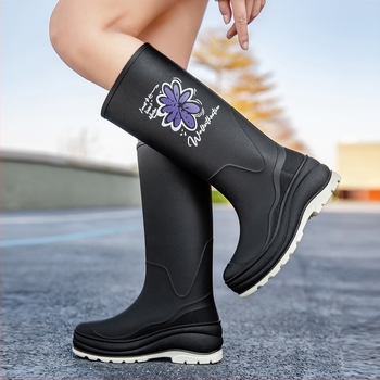 Χονδρικές κυρίες μπότες βροχής με χοντρό πάτο, μακρύ σωλήνα, αντιολισθητικές, αδιάβροχες, μπότες υψηλής βροχής με επένδυση από φλις, ανθεκτικά στη φθορά καουτσούκ παπούτσια για υπαίθριες εργασίες κουζίνας