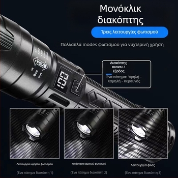 Πολυλειτουργικός πλαστικός φακός μεγάλης εμβέλειας για εξωτερικούς χώρους, με ισχυρό φως, ψηφιακή οθόνη φόρτισης P50 με φακό ζουμ