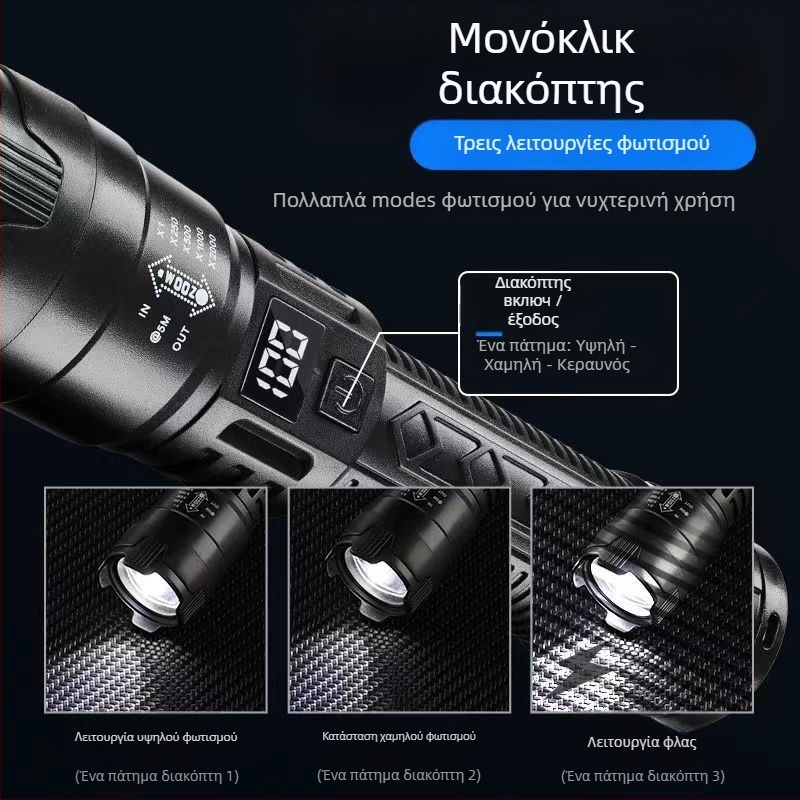 Πολυλειτουργικός πλαστικός φακός μεγάλης εμβέλειας για εξωτερικούς χώρους, με ισχυρό φως, ψηφιακή οθόνη φόρτισης P50 με φακό ζουμ