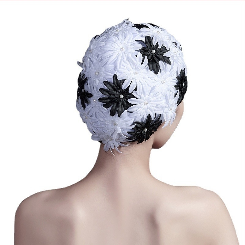 Γυναικείο σκουφάκι κολύμβησης για μακριά μαλλιά σε στυλ Instagram, ασπρόμαυρο, τρισδιάστατο λουλούδι, μοντέρνο, χειροποίητο, μεγάλο, προστατευτικό αυτιών σκουφάκι κολύμβησης