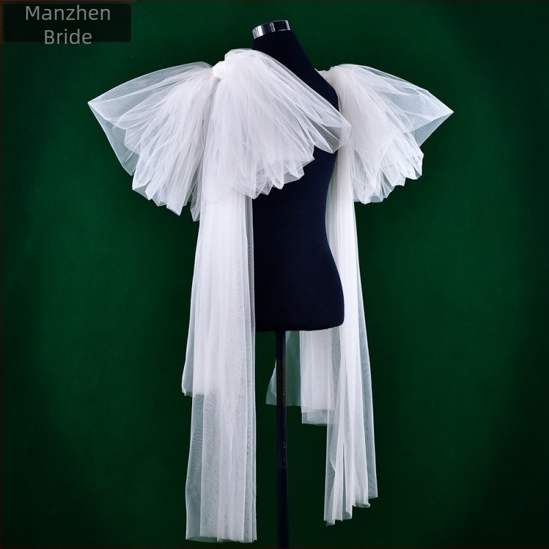 Μακρύ λευκό νυφικό Manzhen με oversized μανίκια, σε σχήμα στούντιο, μακρύ mesh κάλυμμα μπράτσου, αξεσουάρ MM12