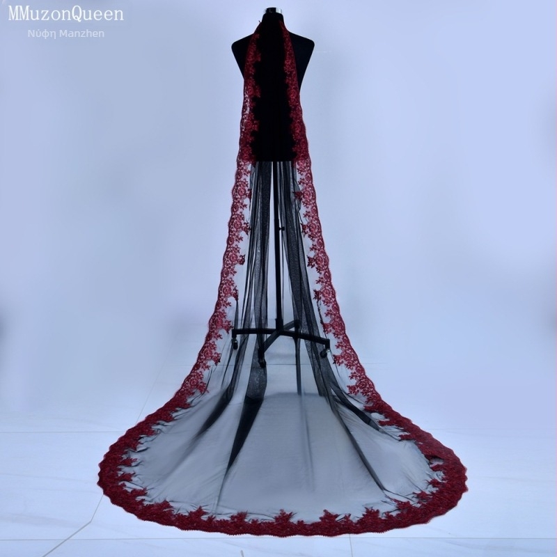 Manzhen Fashion Μεγάλο Πέπλο Νυφικό Κόκκινο Δαντέλα Μονόστρωτο με Χτενάκι Μαλακό Mnet M126