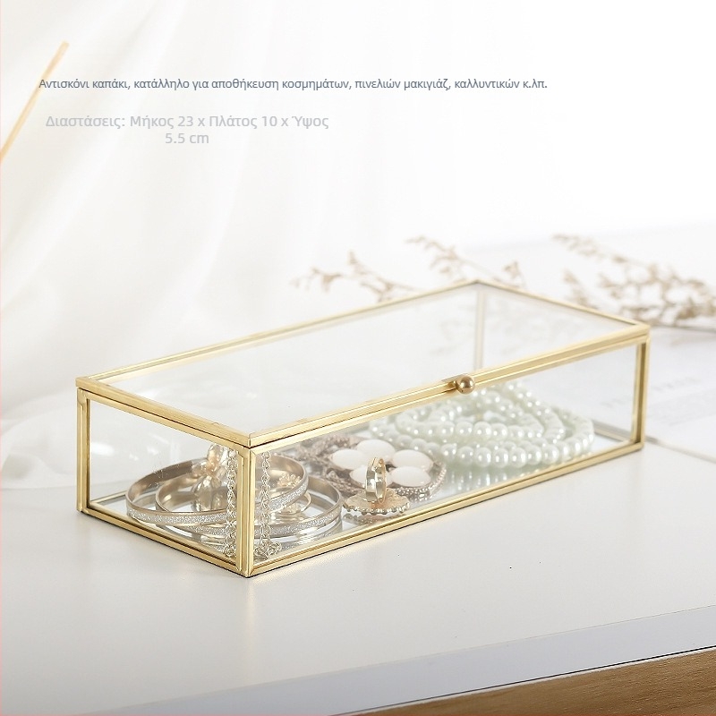 Ins Style Nordic Brass Ορθογώνιο Γυάλινο Κουτί Κοσμημάτων με Καπάκι, Αδιάβροχο, Μικρό, Εξαιρετικό, Απλό, Κοσμηματοπωλείο