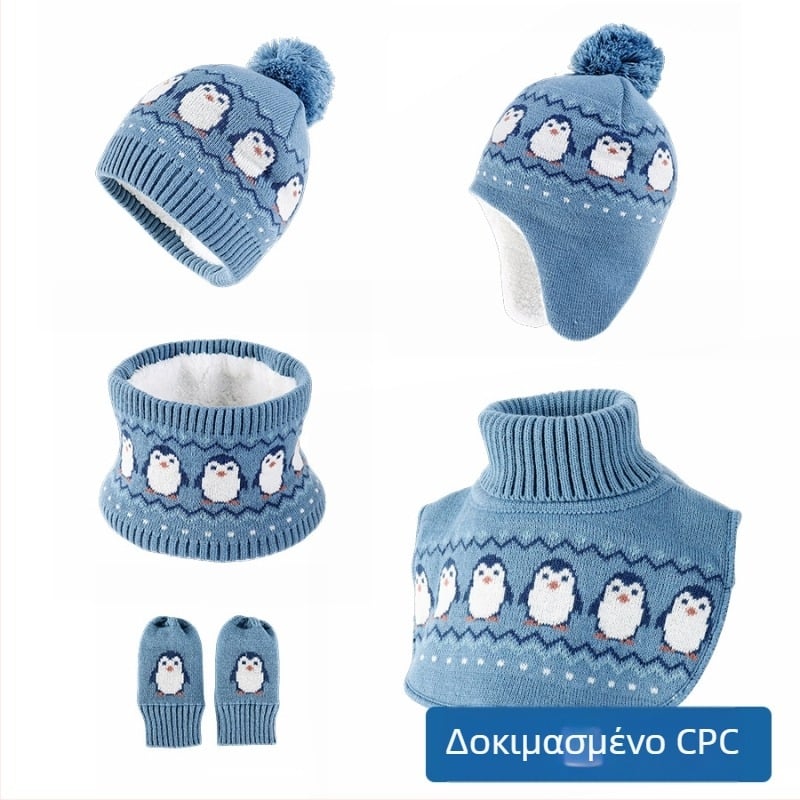 Σετ Unisex Παιδικό Καπέλο Πιγκουίνος, Σκούφος με Κάλυμμα Αυτιών, Θερμαντικό Λαιμού, Κολάρο και Γάντια Φθινοπώρου και Χειμώνα 2024 με Σχέδιο Ζακάρ, Πολυχρηστικό