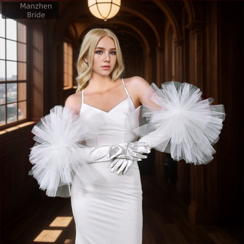 Νυφικό Manzhen με λευκά γάντια και σατέν γάντια που καλύπτουν τον αγκώνα με μάκρος MM10