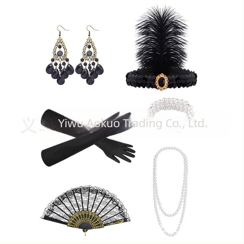 Gatsby 1920s Bachelor Party Ρετρό Κορδέλα με Φτερά και Μασκέ Σετ Κολιέ για τα Μαλλιά, Γάντια, Ράβδος Τσιγάρου