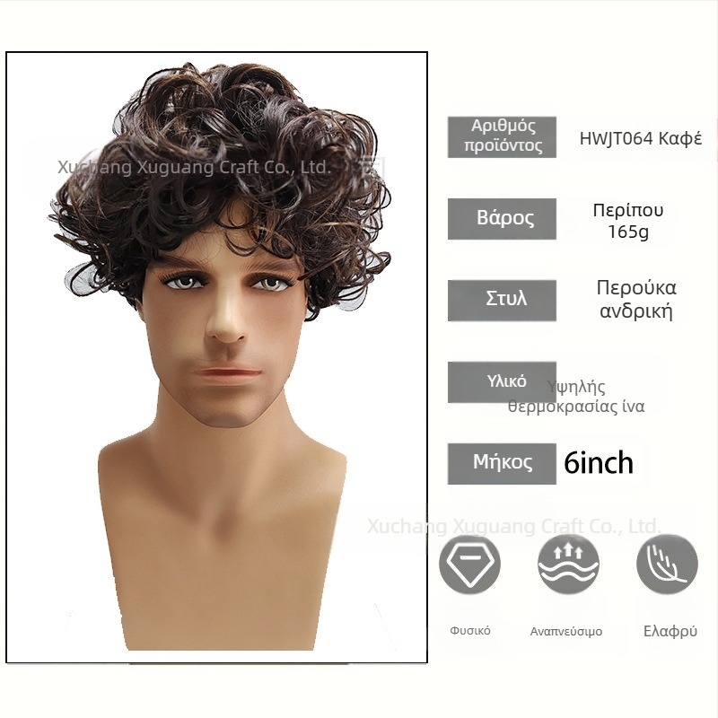 TEMU Ευρωπαϊκή και Αμερικανική περούκα ανδρική περούκα κοντά μαλλιά χνουδωτή σκούρα καφέ περούκα ανδρική φράντζες κοντά μαλλιά σγουρά μαλλιά