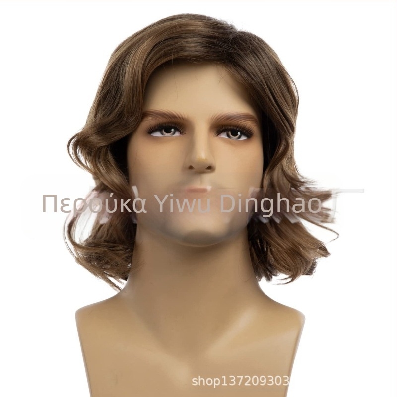 Ανεξάρτητος Σταθμός Εξωτερικού Εμπορίου Νέα Ευρωπαϊκή και Αμερικανική Ανδρική Περούκα Μερική Καφέ Κοντά Σγουρά Μαλλιά Χνουδωτά Φυσικές Μπούκλες Ανδρικά Μαλλιά Yiwu Warehouse