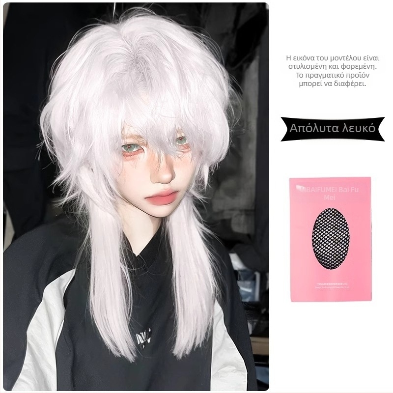 Λευκή περούκα με ουρά λύκου, με κεφαλή κέφαλου, για αγόρια, κοντά μαλλιά, ιαπωνική σειρά, Cos Samurai Head Simulation, ανδρική πλήρης κάλυψη κεφαλιού